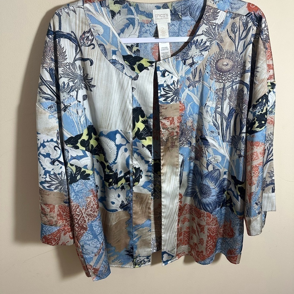 Chico's Travel Collection Patchwork Print Short Sleeve Jacket Size 2 Large